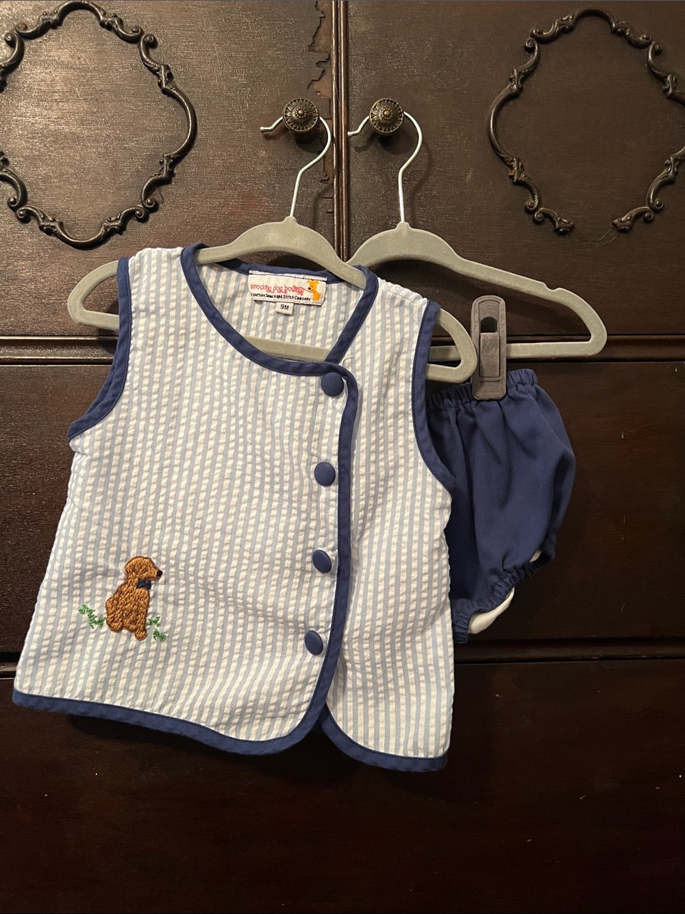 Navy & White Striped Puppy Seersucker Diaper Set